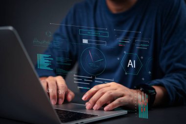 AI developer working on artificial intelligence system with futuristic data interface and machine learning analytics.
