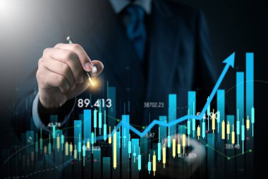 Digital financial growth chart with businessman analyzing data trends. Ideal for business analytics, investment growth, data-driven decision making, and market reports.