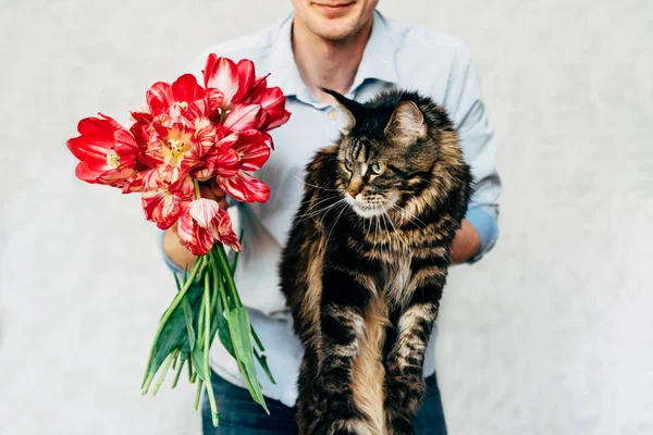 Um homem com um buquê de flores e um gato nas mãos — Fotografia de Stock