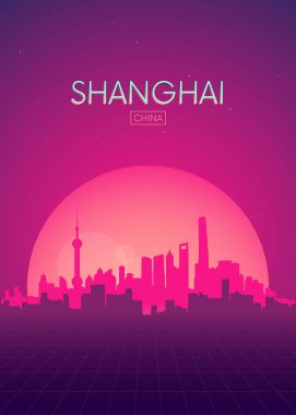 Poster vektörel çizimler illüstrasyonlar, fütüristik retro manzarası Shanghai seyahat