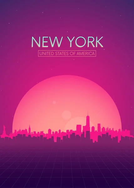 Αφίσα Ταξιδιού Διανύσματα Εικονογραφήσεις Ρετρό Φουτουριστικό Ορίζοντα Νέα Υόρκη — Διανυσματικό Αρχείο