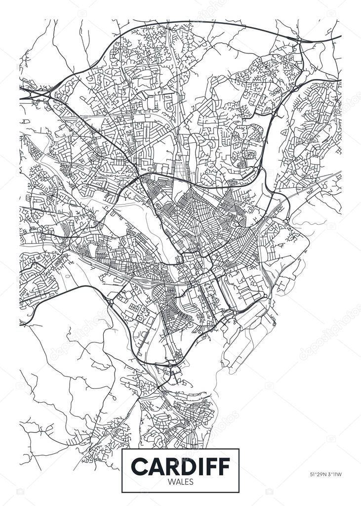 Vector poster detailed city map Cardiff