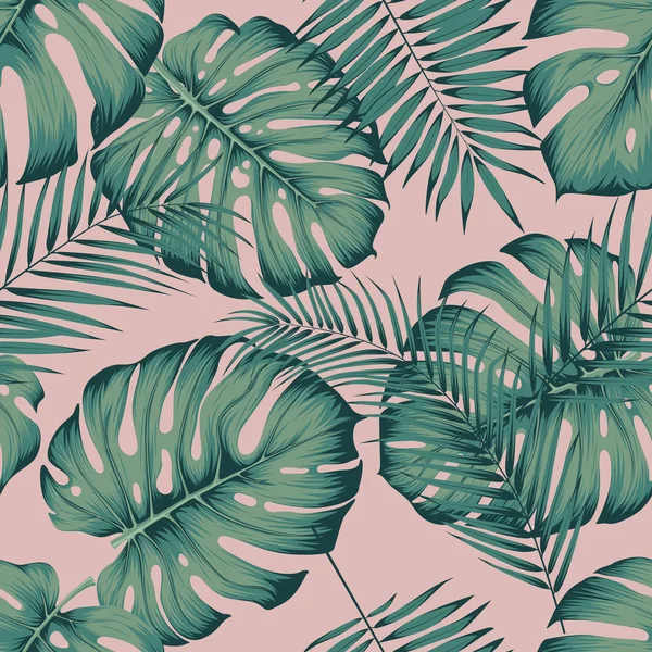 与叶子龟背竹和槟榔棕榈叶的无缝热带图案在粉红色的背景下 — 图库矢量图片