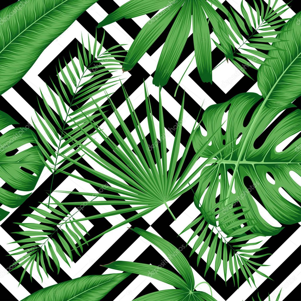Exotic vector seamless pattern with tropical leaves on a geometric background