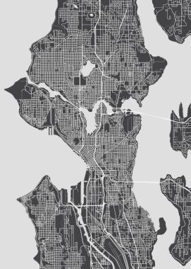 Şehir haritası Seattle, tek renkli planı, vektör çizim ayrıntılı