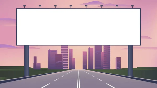 Cartelera en blanco en la carretera con fondo de horizonte de la ciudad — Vector de stock