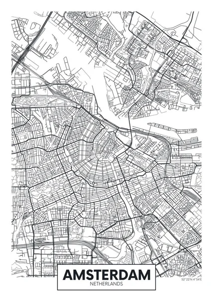 Mapa de la ciudad Amsterdam, diseño de póster de vector de viaje — Vector de stock