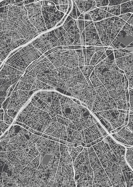 Mapa de la ciudad París, plano detallado monocromo, ilustración vectorial — Archivo Imágenes Vectoriales