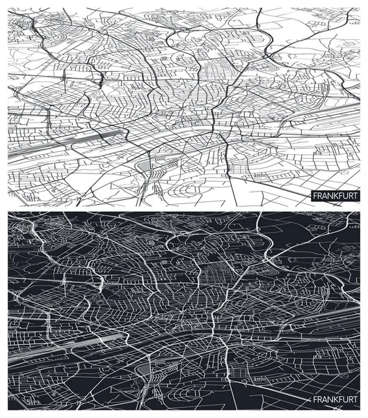 Vista superior aérea mapa de la ciudad Fráncfort, blanco y negro detallado pla — Archivo Imágenes Vectoriales