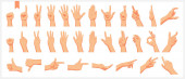 Soubor realistických lidských rukou, znaků a gest, figurek a pohybů prstů izolované vektorové ilustrace na bílém pozadí