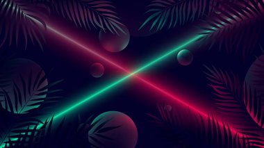 Kırmızı ve yeşil parlak neon ışınları, soyut siber punk arka planı, tropikal yapraklar arasında parlayan yükselen küreler, vektör fütüristik illüstrasyon