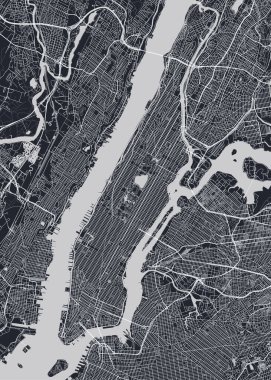 Manhattan 'ın detaylı şehir haritası, tek renkli vektör posteri ya da kartpostal şehir hava manzarası