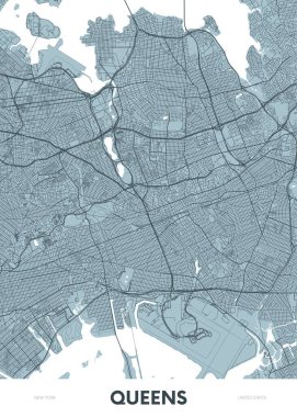 Queens New York 'un ayrıntılı şehir haritası, renkli vektör şehir sokak planı, basılabilir seyahat posteri veya kartpostal