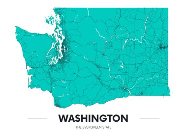 Detaylı Washington eyalet haritası, çok detaylı bölge ve yol planı, vektör illüstrasyonu