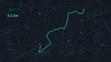 Gelecekçi navigasyon aygıtı GPS izleme haritası, varış noktası ve Frankfurt sokaklarındaki konum teknolojisi rotası