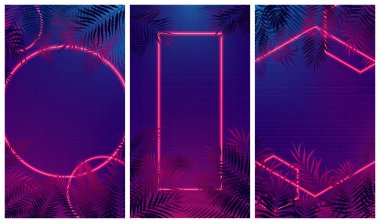 Işığın neon kırmızı ışınları, tropikal yapraklarda siber punk tarzı refleks, vektör illüstrasyonu olan fütüristik modern kompozisyonlar kümesi