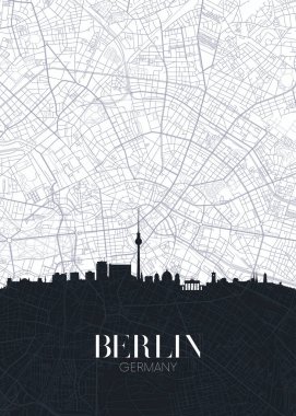 Skyline ve Berlin şehir haritası, detaylı şehir planı vektör yazdırma posteri