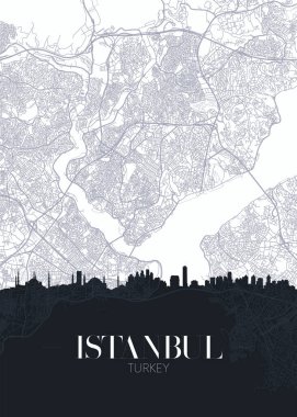Ufuk çizgisi ve İstanbul şehir haritası, ayrıntılı şehir planı vektör yazdırma posteri