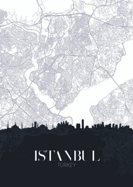 Ufuk çizgisi ve İstanbul şehir haritası, ayrıntılı şehir planı vektör yazdırma posteri
