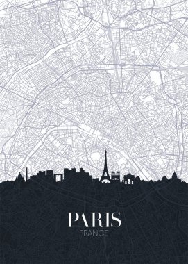 Skyline ve Paris şehir haritası, detaylı şehir planı vektör yazdırma posteri