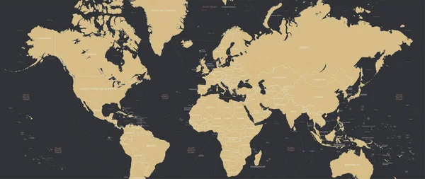 Detailní Mapa Světa Retro Barvách Okraji Názvy Zemí Širokoúhlá Vektorová — Stockový vektor