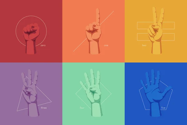 人的手的手势和符号 以几何形状为背景的手指计数 彩色矢量插图 — 图库矢量图片