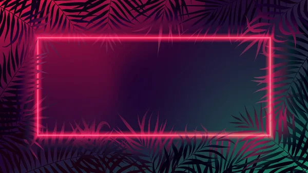 赤いネオンの境界線 未来的な正方形のフレーム 暗いグラデーションの空間 熱帯のヤシの葉を持つサイバーデザイン — ストックベクタ