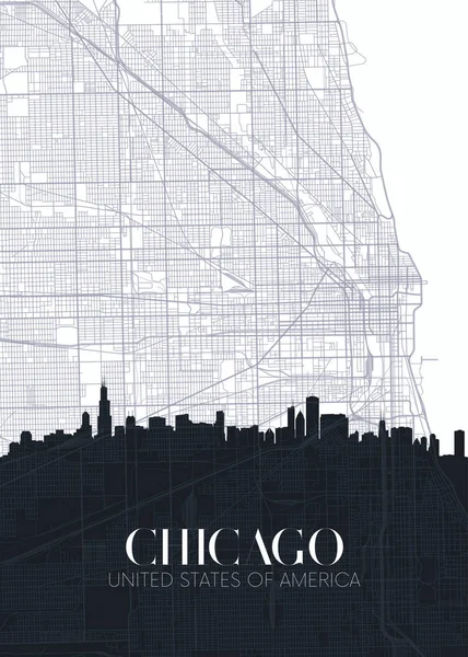 芝加哥的天际线和城市地图 详细的城市规划矢量印刷海报 — 图库矢量图片