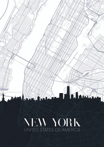 Skyline Mappa Della Città New York Dettagliato Poster Con Stampa — Vettoriale Stock