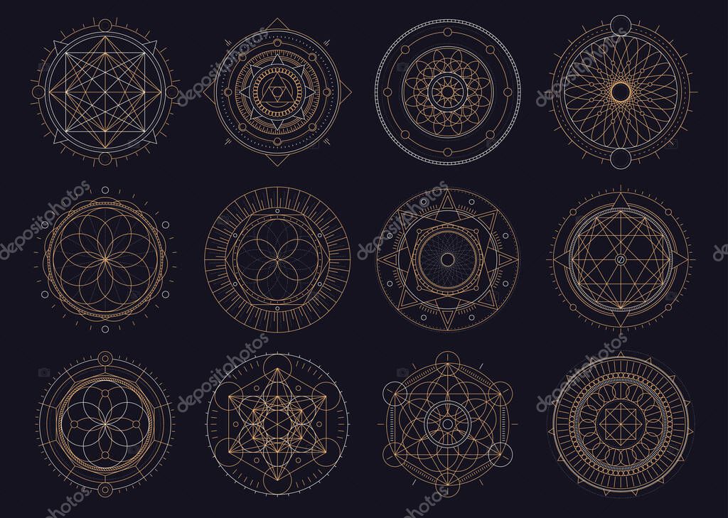 Vector set of sacred geometric figures, dreamcatcher and mystic symbols, golden abstract signs