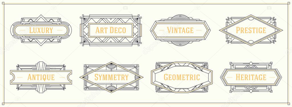 Art deco style line border and frames, decorative geometric ornament set label vintage vector design graphic elements