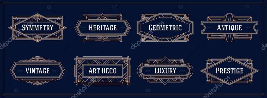 Art deco style line border and frames, decorative geometric golden label vector graphic elements on a dark background
