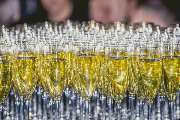 Şampanya dolu bir sıra servis edilmeye hazır.