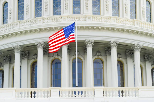 Capitol Building Dome Detail Waving National Flag Washington United States — Stock Photo, Image