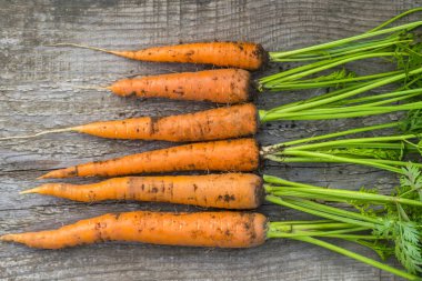 eski ahşap arka plan, üstten görünüm kuyrukları ile taze çiğ havuç