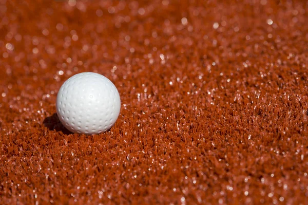 White ball for playing field hockey on the red grass background