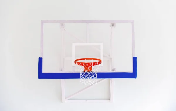 Basketball hoop cage, isolated large backboard closeup, new outdoor court set, blue, red, orange, white back board blank copy space background