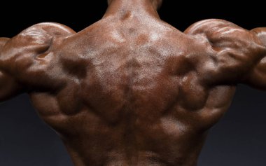 Vücut geliştirmeci gösterilen onun sırt ve pazı kas, kişisel fitness eğitmeni. Güçlü adam kasların esneme