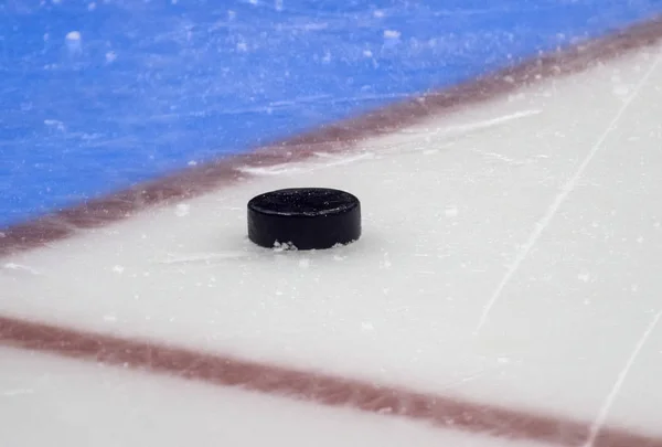 Hockey Puck Stand Side Goal Line Close View — Stock Photo, Image