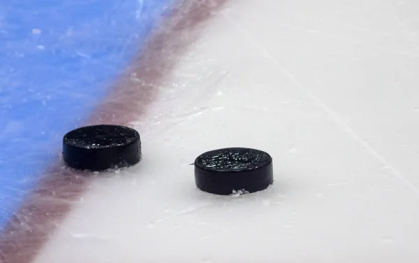 Hockey Puck Stand Side Goal Line Close View — Stock Photo, Image