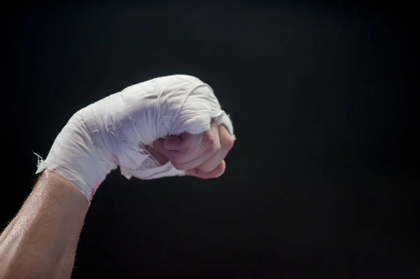 Hand Fighter Boxing Lays Ropes Ring — Stock Photo, Image