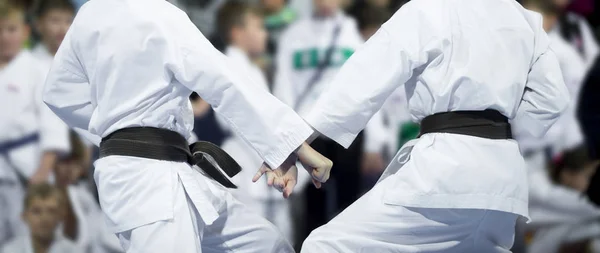 Karate çocuklar bulanıklık arka plan üzerinde mücadele. Spor Yarışması