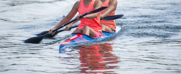Two Young Woman Athletes Rowing Kayak Lake Competition — Stock Photo, Image