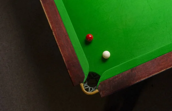 Snooker table top view with snooker balls on green
