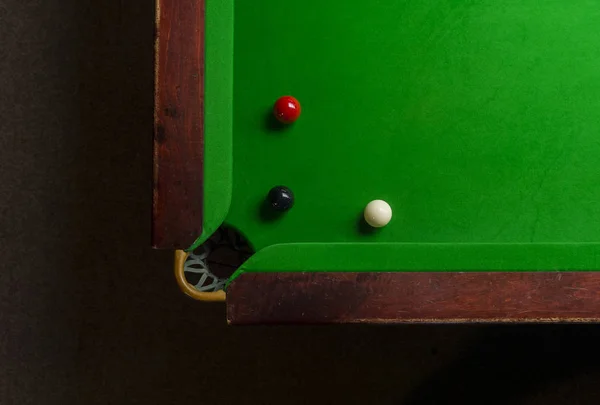 Snooker table top view with snooker balls on green