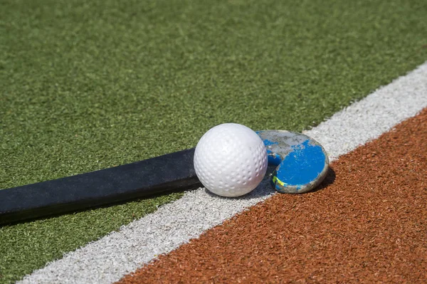 Field hockey stick and ball on brown and green grass
