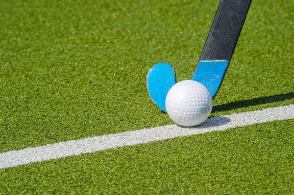 Field hockey stick and ball on green grass