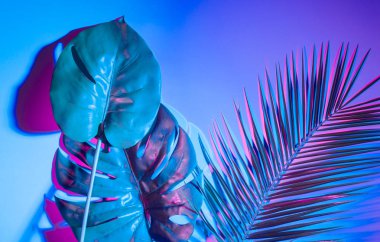 Holografik yapraklar. Sanat kavramı. Asgari sürrealizm arka planı