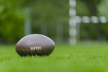 Amerikan futbolu, yeşil çim alan arka plan üzerinde rugby topu