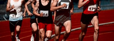 Pist alanında çalışan atletizm insanları. Güneşli gün